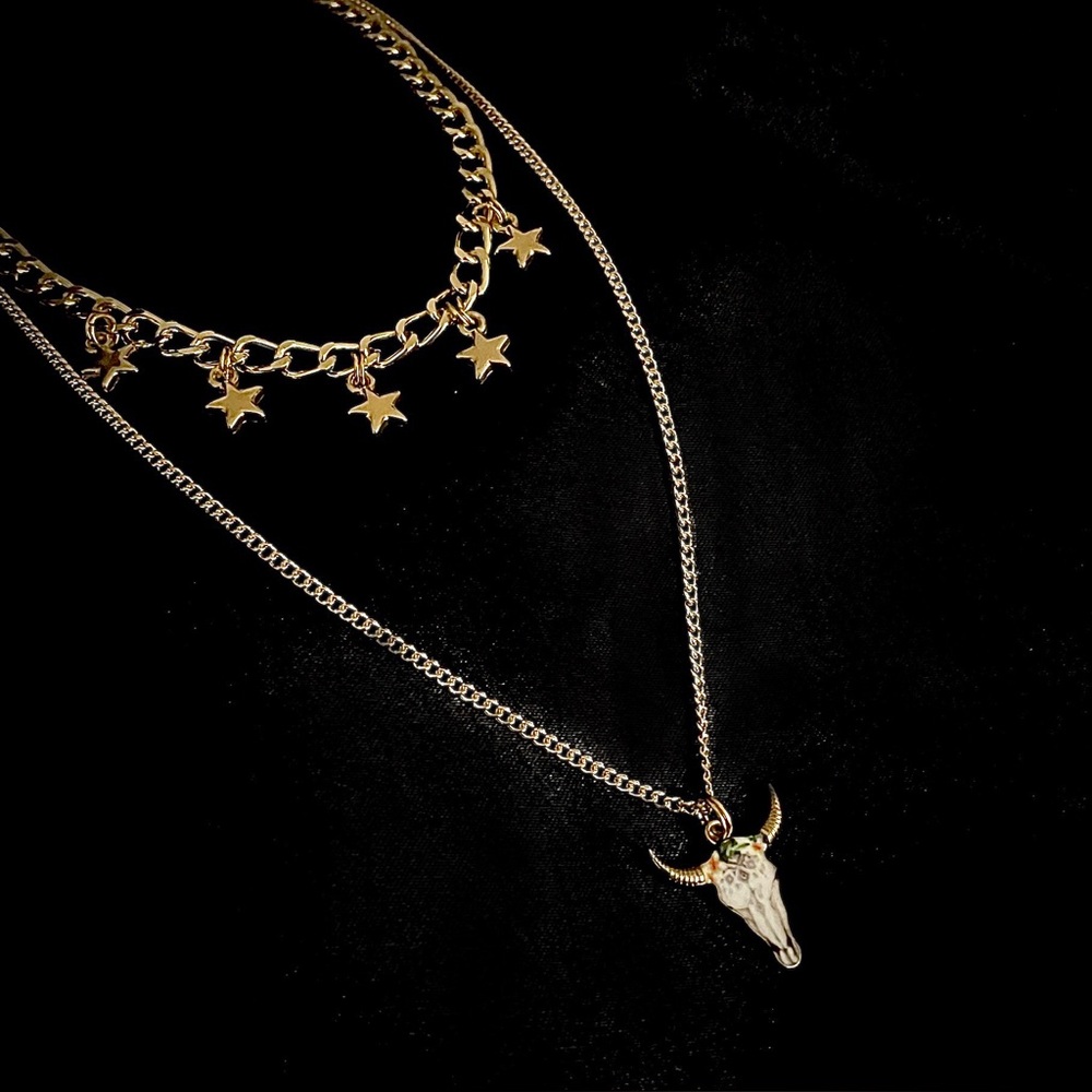 Handmade Gold Bull Skull and Star Charm Necklace